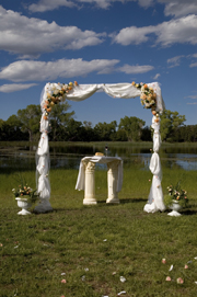 wedding arch decorated with tulle and flowerss