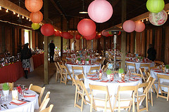 paper lanterns decorating a barn