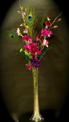 Purple, peacock centerpiece by Meg, The Flower Girl, Utah