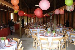 paper lanterns decorating a barn
