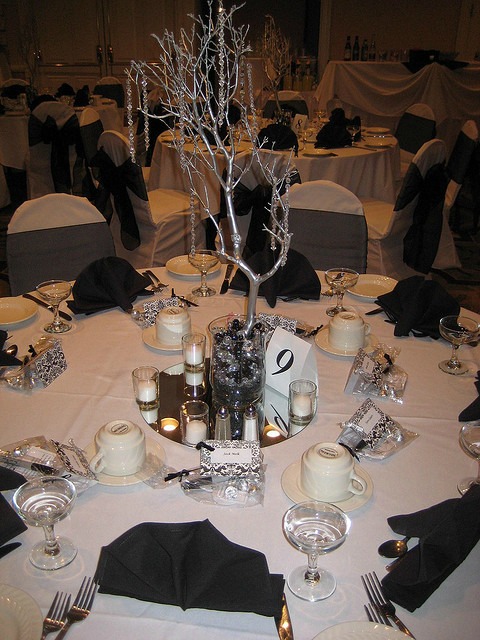 black and white wedding tree centerpiece