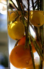 submerge citrus fruits in a vase for a cheap fruit wedding centerpiece