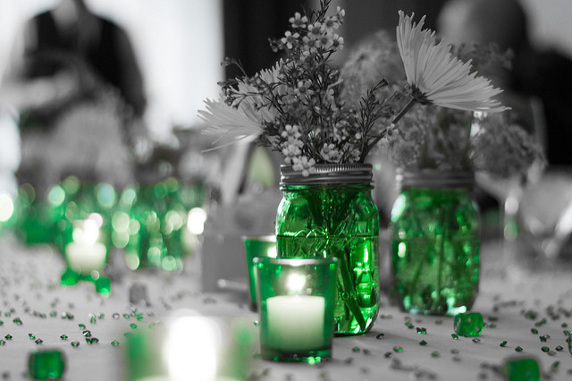 mason jar wedding centerpiece on a long table